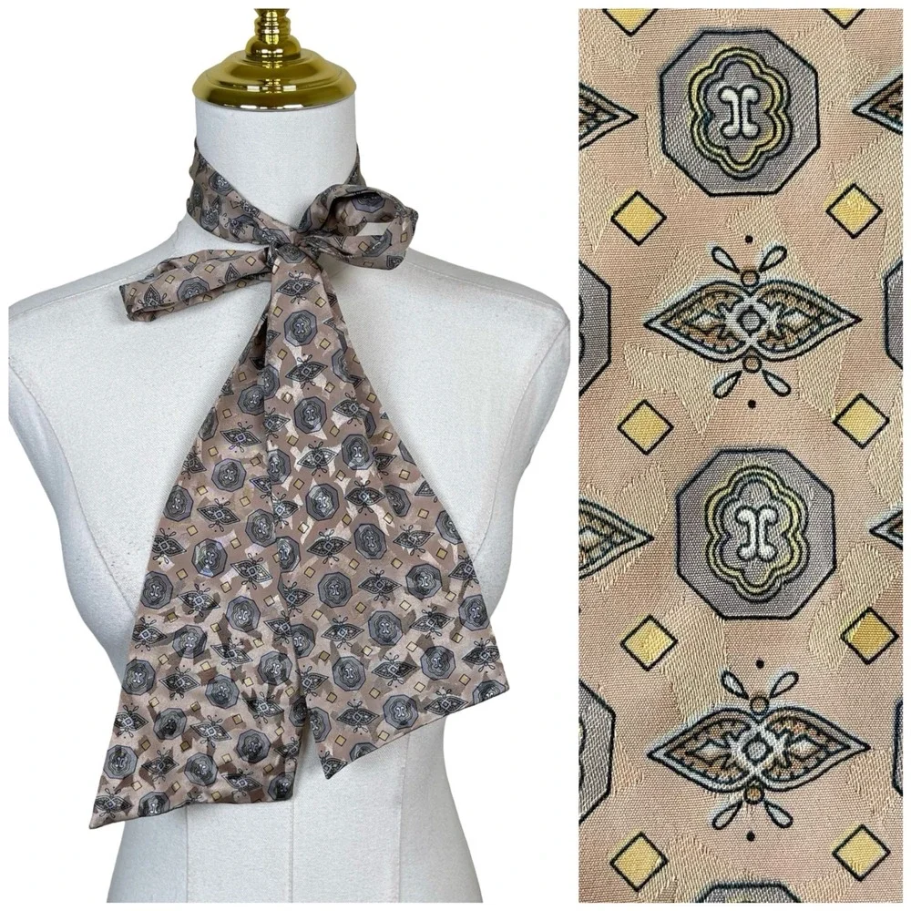 Vintage Geometric Print Neck Tie Scarf Women Tan Gray Mod MCM Retro 70s Boho